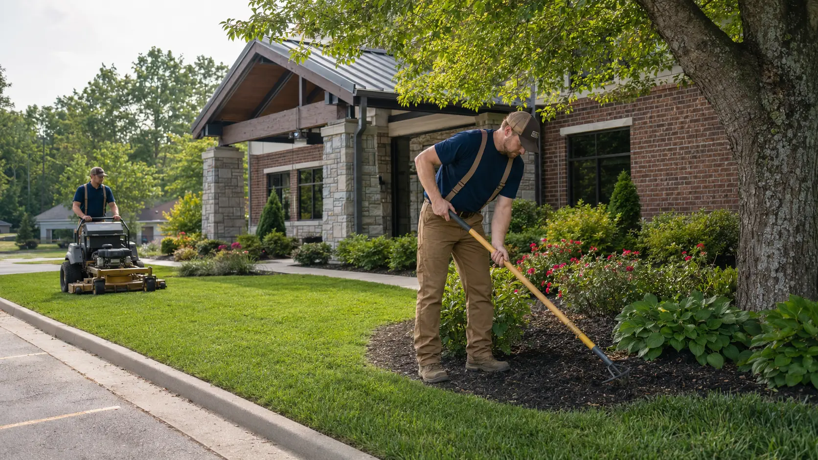 Landscaping crew and commercial mowing equipment on a maintained Upstate property