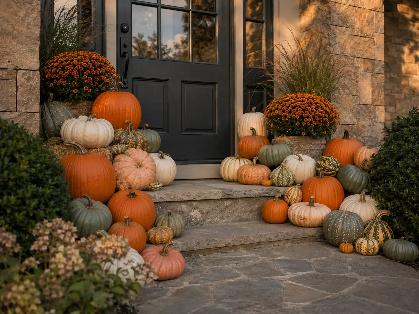 Professionally designed fall porch with layered pumpkins, gourds, mums, and hay