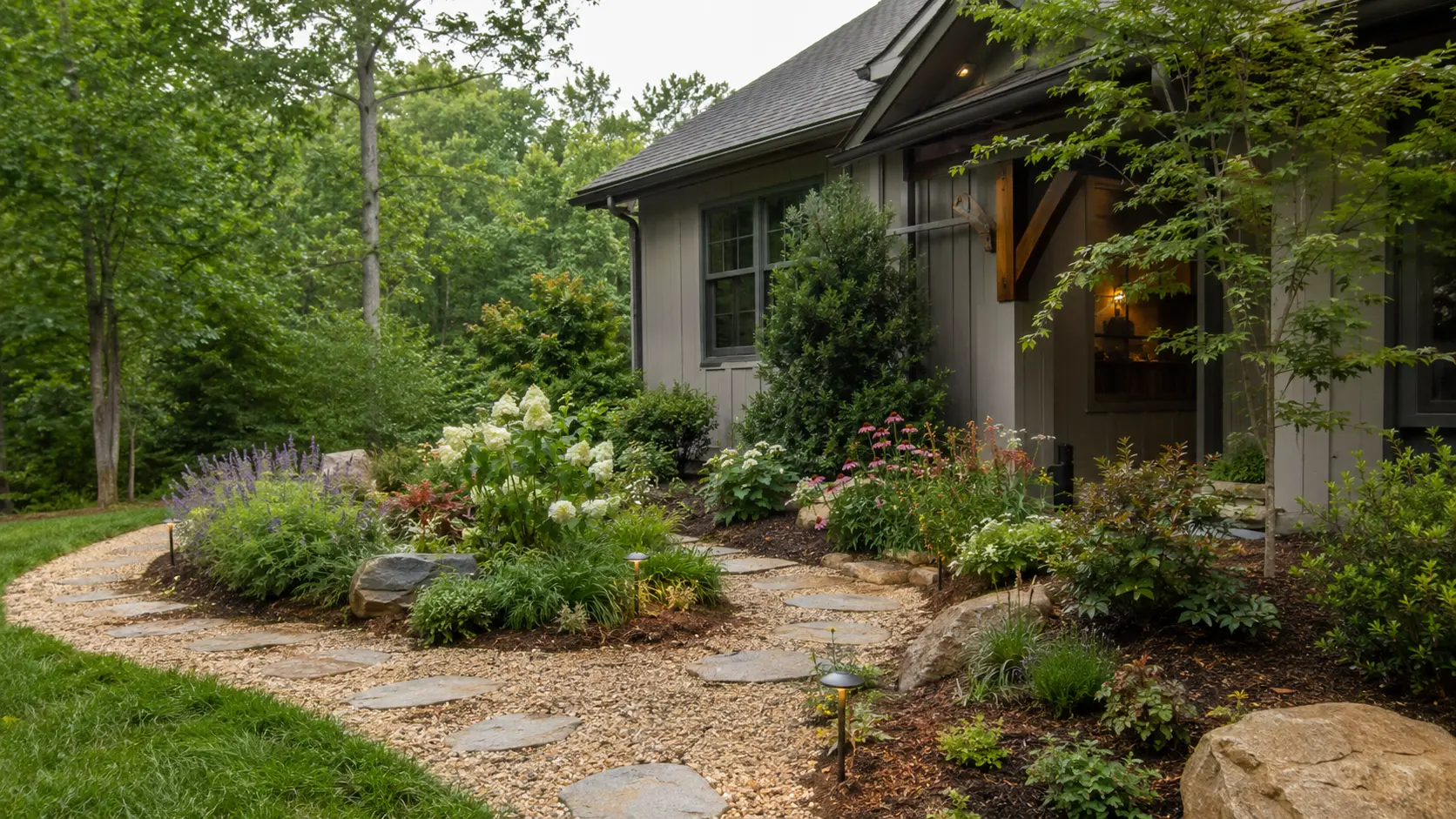 Newly designed planting beds, gravel path, and outdoor lighting at an Upstate home