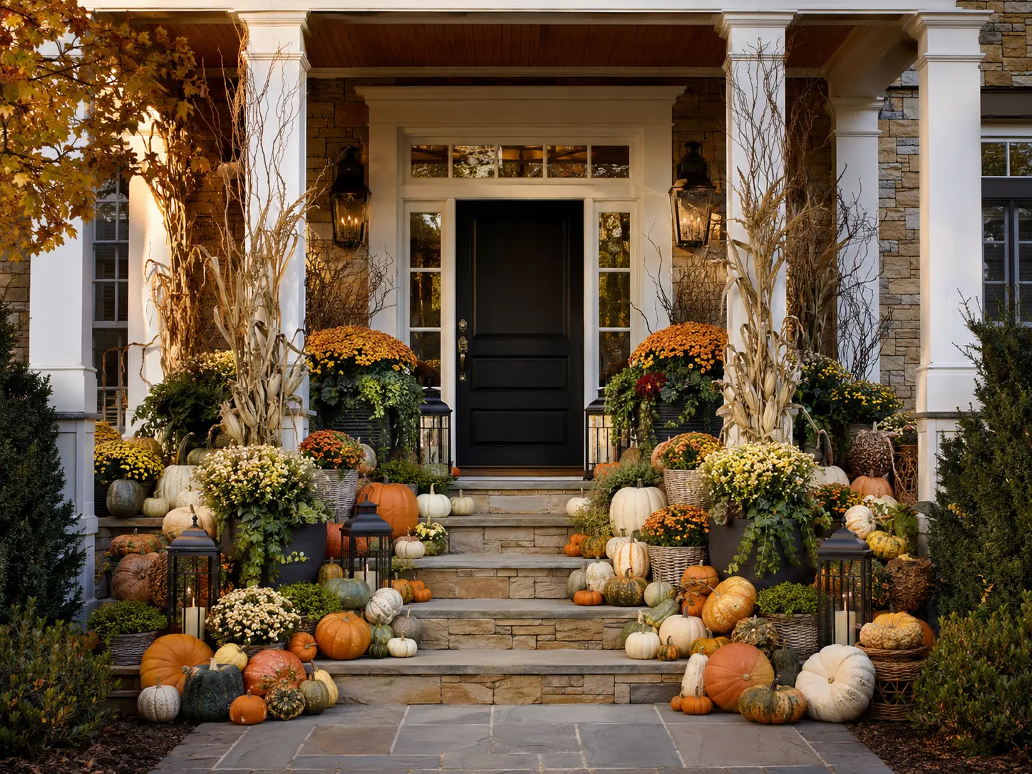 Grand fall entrance framed with pumpkins, flowers, baskets, and cornstalks