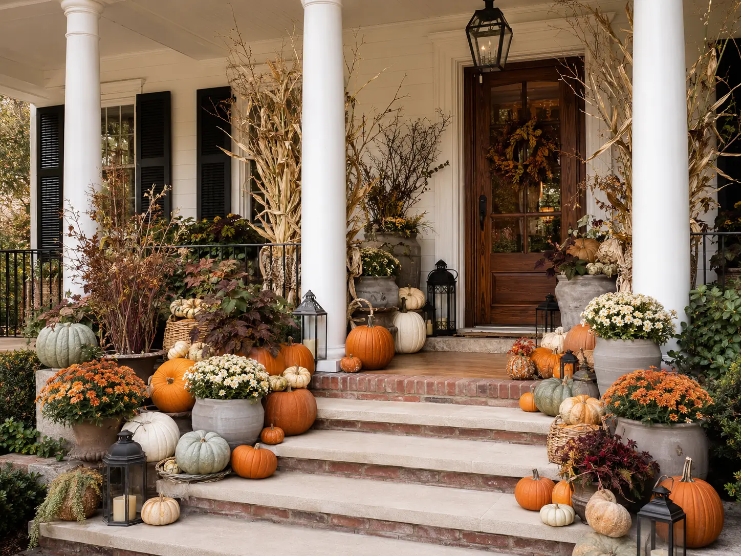 Layered fall porch display with pumpkins, flowers, cornstalks, and lanterns