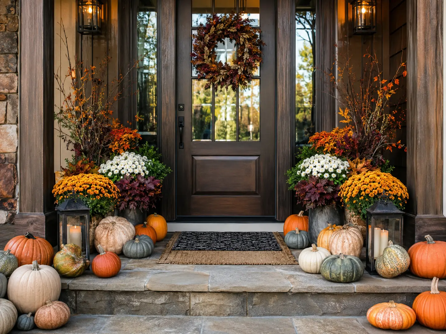 Professionally installed fall porch with layered pumpkins and seasonal accents
